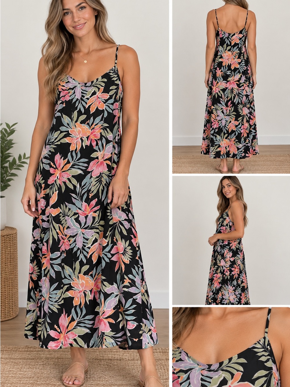 Billabong Black Floral Maxi Dress with Pink & Coral Blooms
